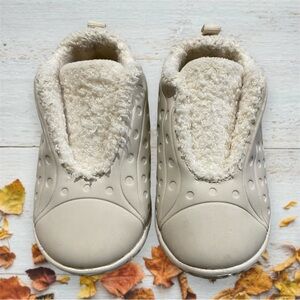 Kids 10.5 Cream Colored Velcro Cozy Winter Hard Sole Slippers